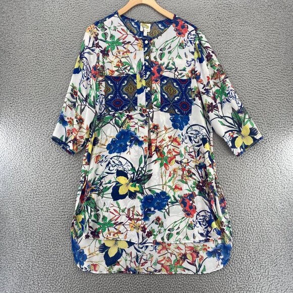 Fig And Flower Dress Womens Large Blue Multi Floral Shirt Tunic 1/4 Button Up - Picture 11 of 11